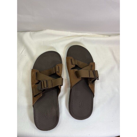 CHACO MENS SZ 9 SLIP ON STRAPY SANDALS BROWN LEATHER WITH BUCKLE main image 4